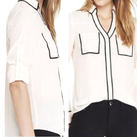 Express Original Fit Ivory Contrast Piping Portofino Blouse Roll Tab Sleeves Med - Picture 7 of 9